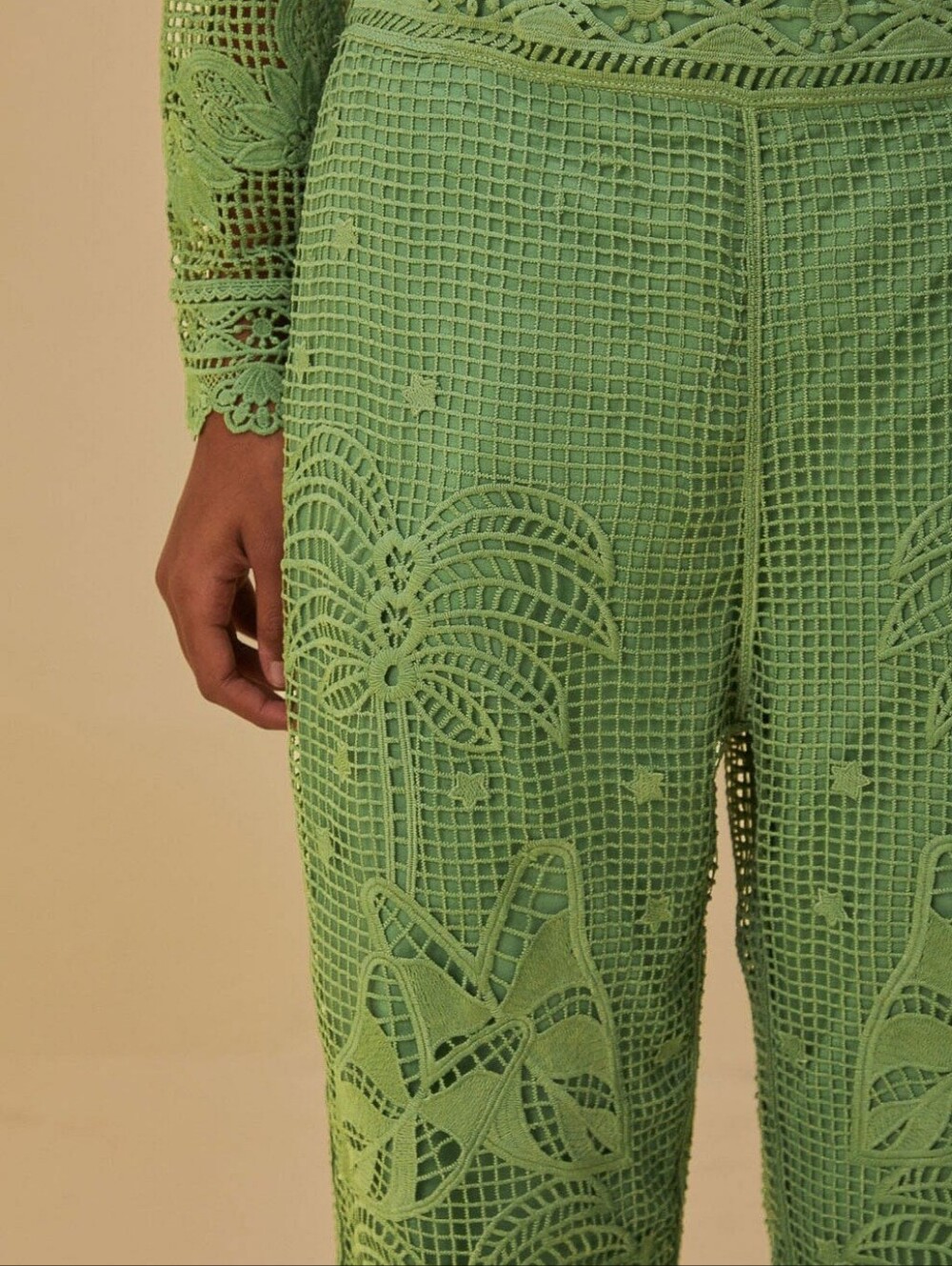 Farm Rio Green Guipure Lace Palm Leaf Wide Leg Pants | Size Small | NWOT - Picture 3 of 8
